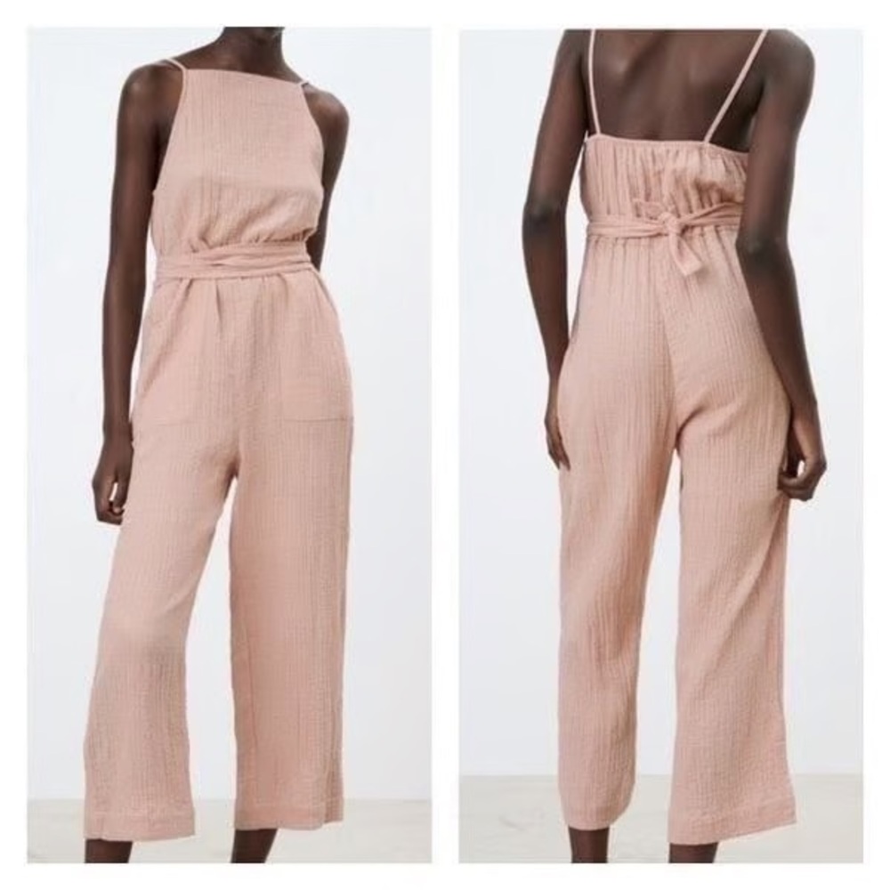ZARA Women’s Gauzy Cotton Jumpsuit Tie Waist